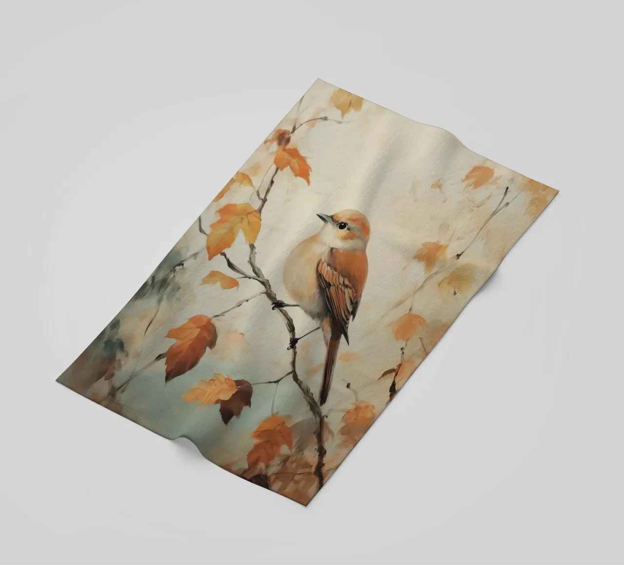 Uccello autunnale appollaiato su un ramo telo mare da Melloi Art Print