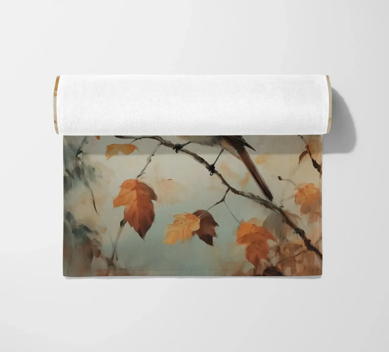 Uccello autunnale appollaiato su un ramo telo mare da Melloi Art Print