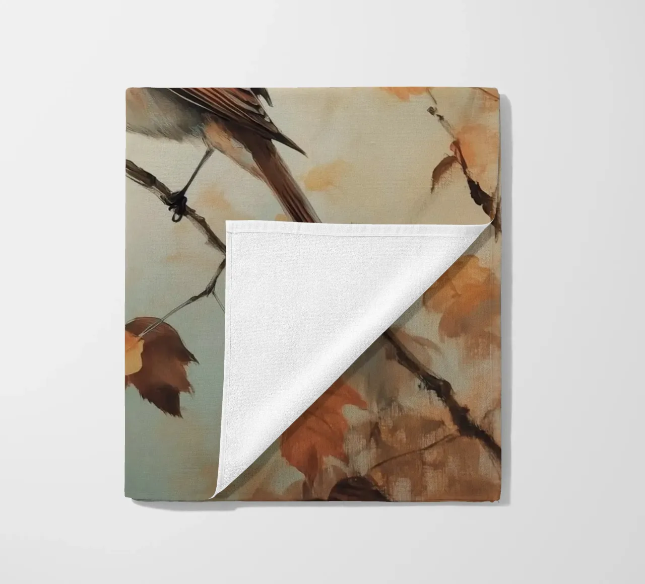 Uccello autunnale appollaiato su un ramo telo mare da Melloi Art Print