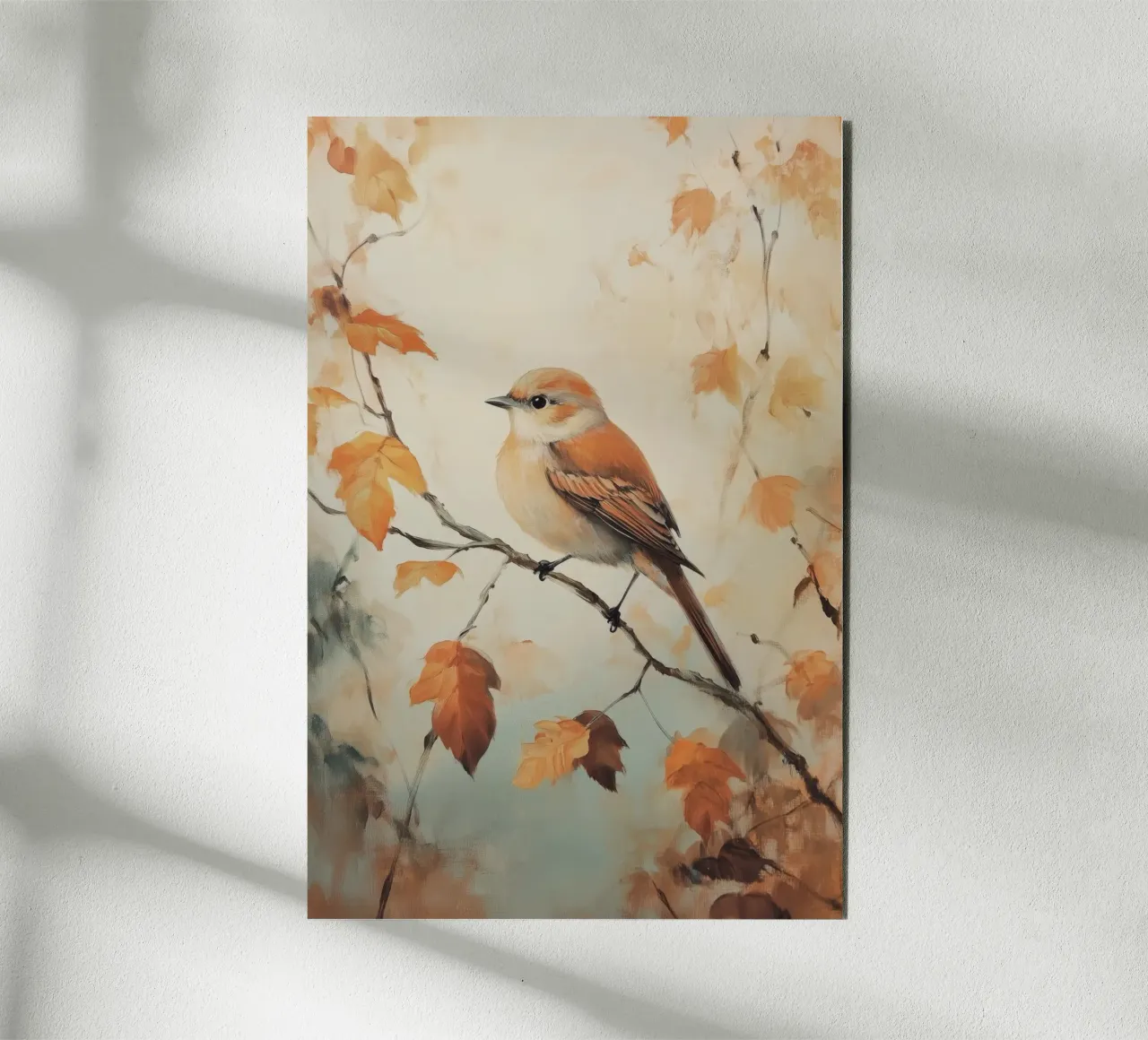 Uccello autunnale appollaiato su un ramo alluminio dibond da Melloi Art Print