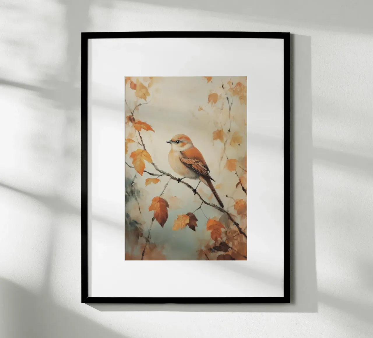 Uccello autunnale appollaiato su un ramo carta hahnemühle da Melloi Art Print