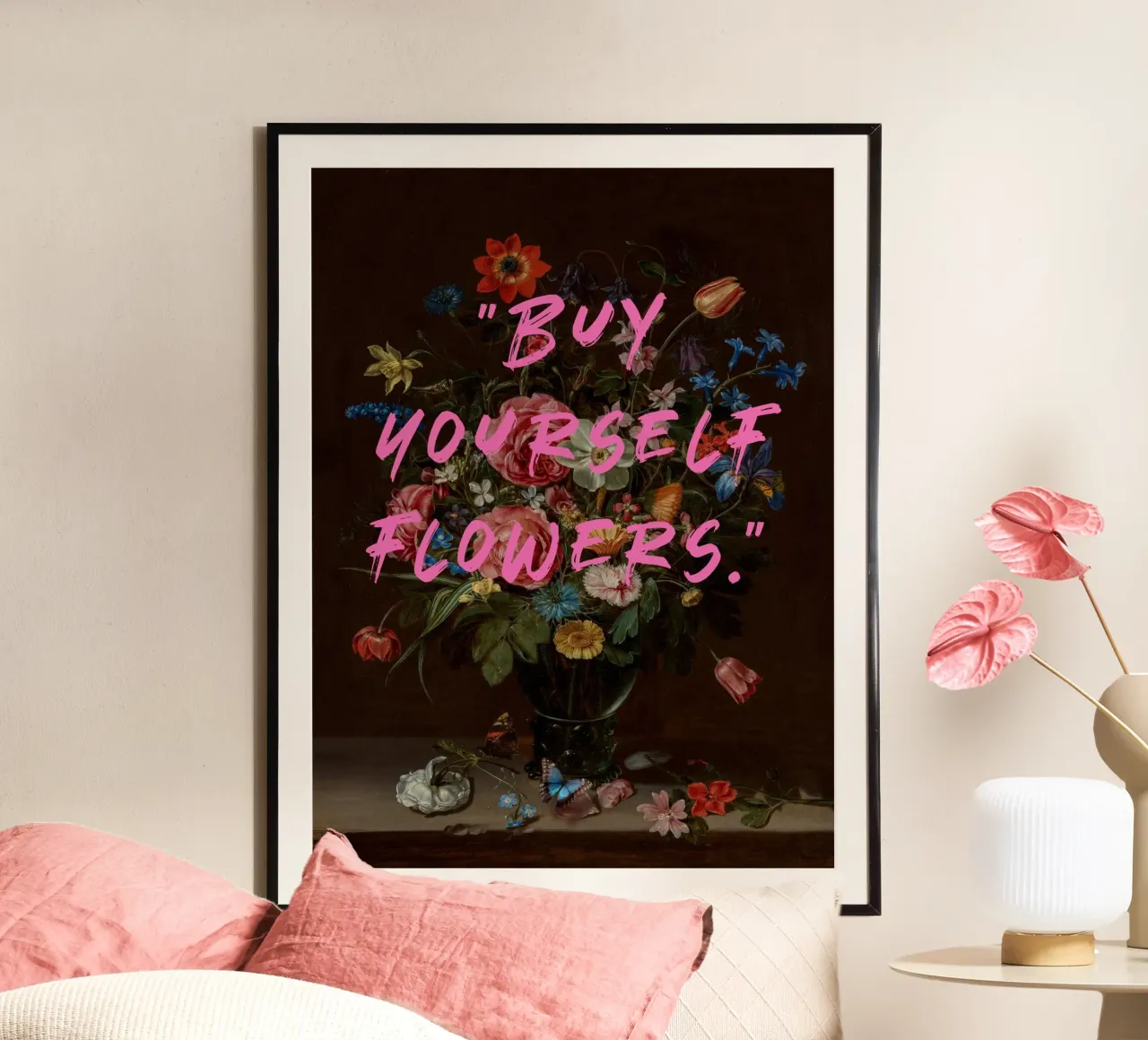 Comprate i vostri fiori", Pittura floreale poster con telaio in alluminio da Carinaprint