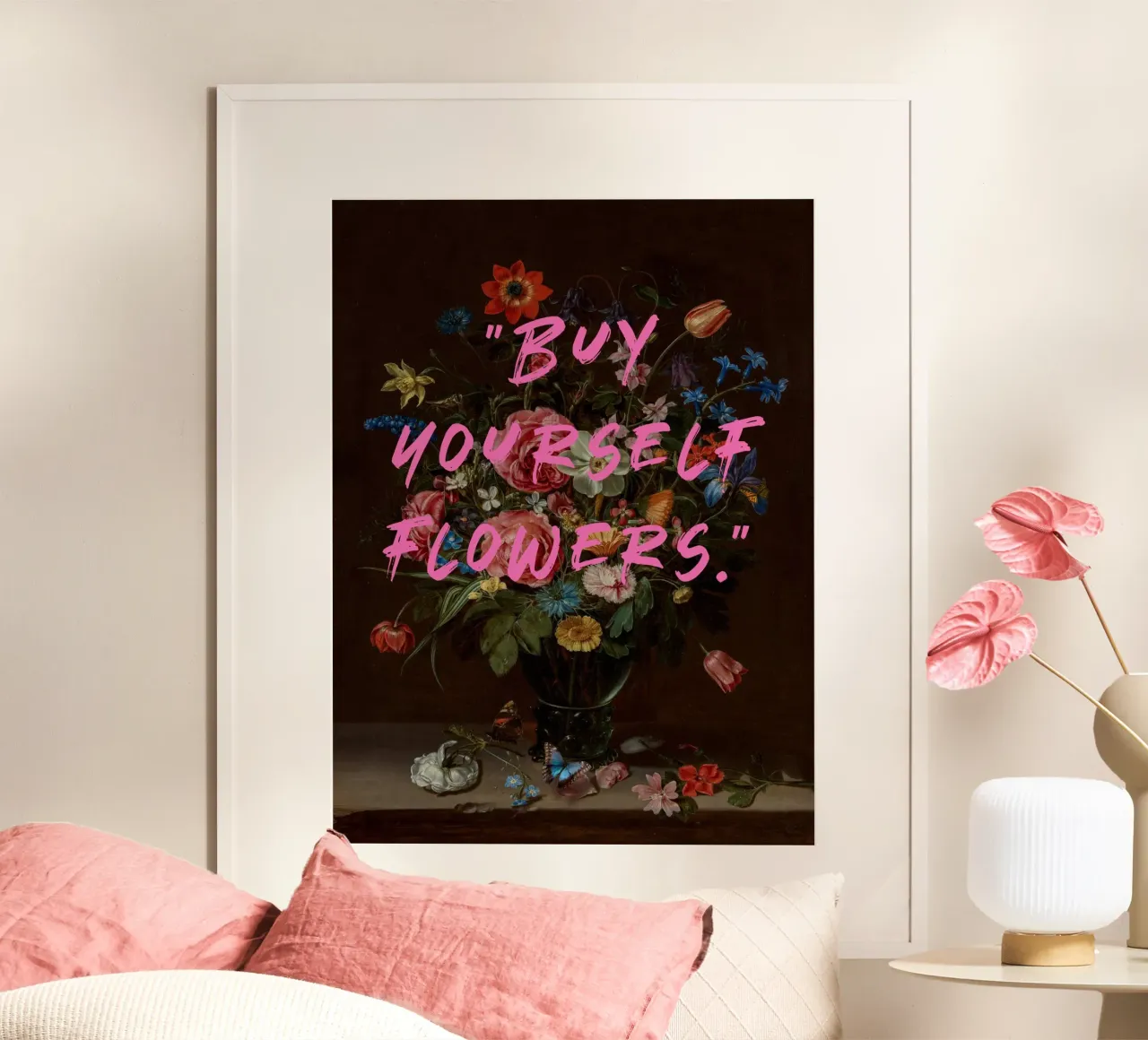 Comprate i vostri fiori", Pittura floreale poster con telaio in alluminio da Carinaprint