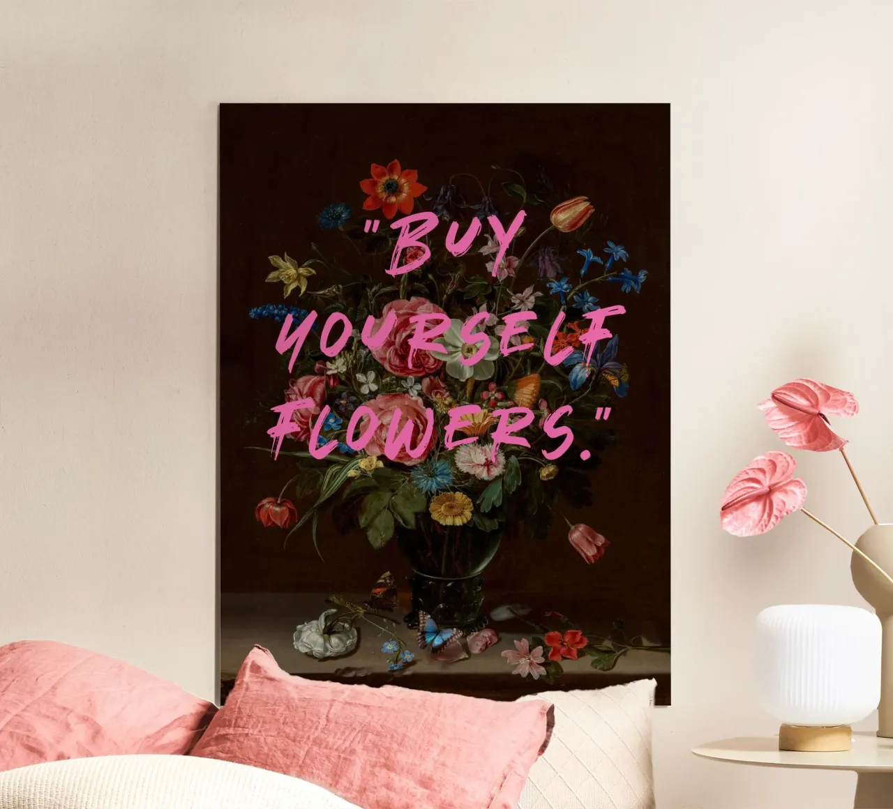 Comprate i vostri fiori", Pittura floreale poster con telaio in alluminio da Carinaprint