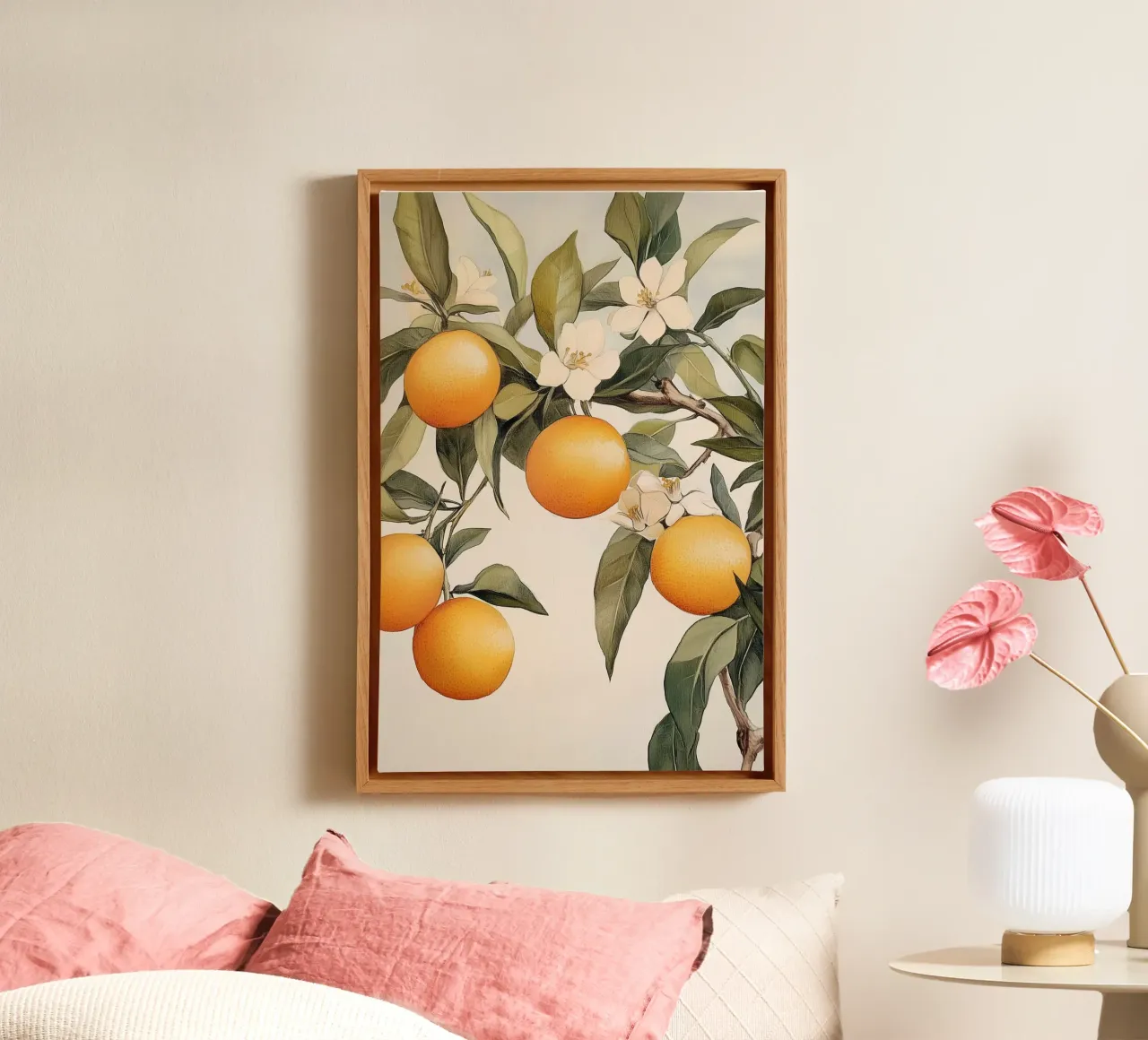 Ramo di albero arancione con fiori tela con Cornice a cassetta da Melloi Art Print
