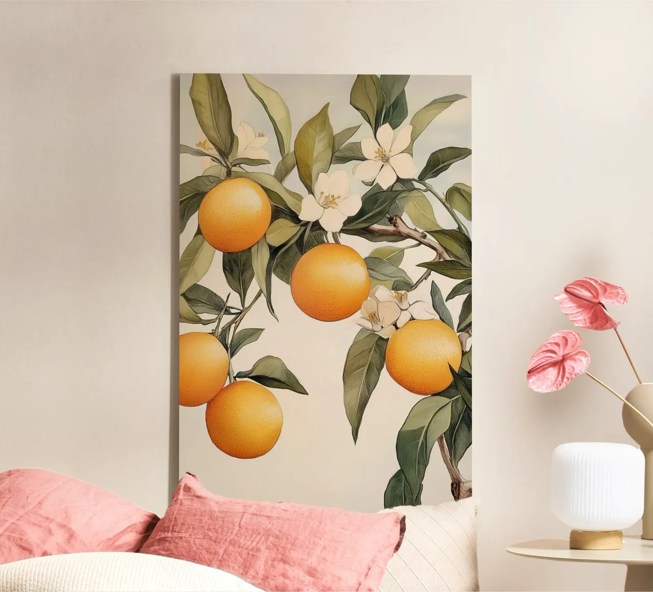Ramo di albero arancione con fiori tela con Cornice a cassetta da Melloi Art Print