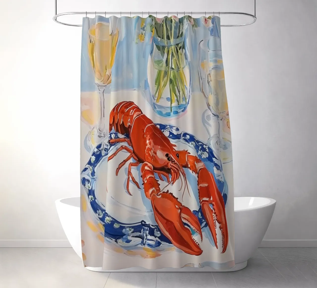 Festive Lobster Dinner shower curtain by Melloi Art Print
