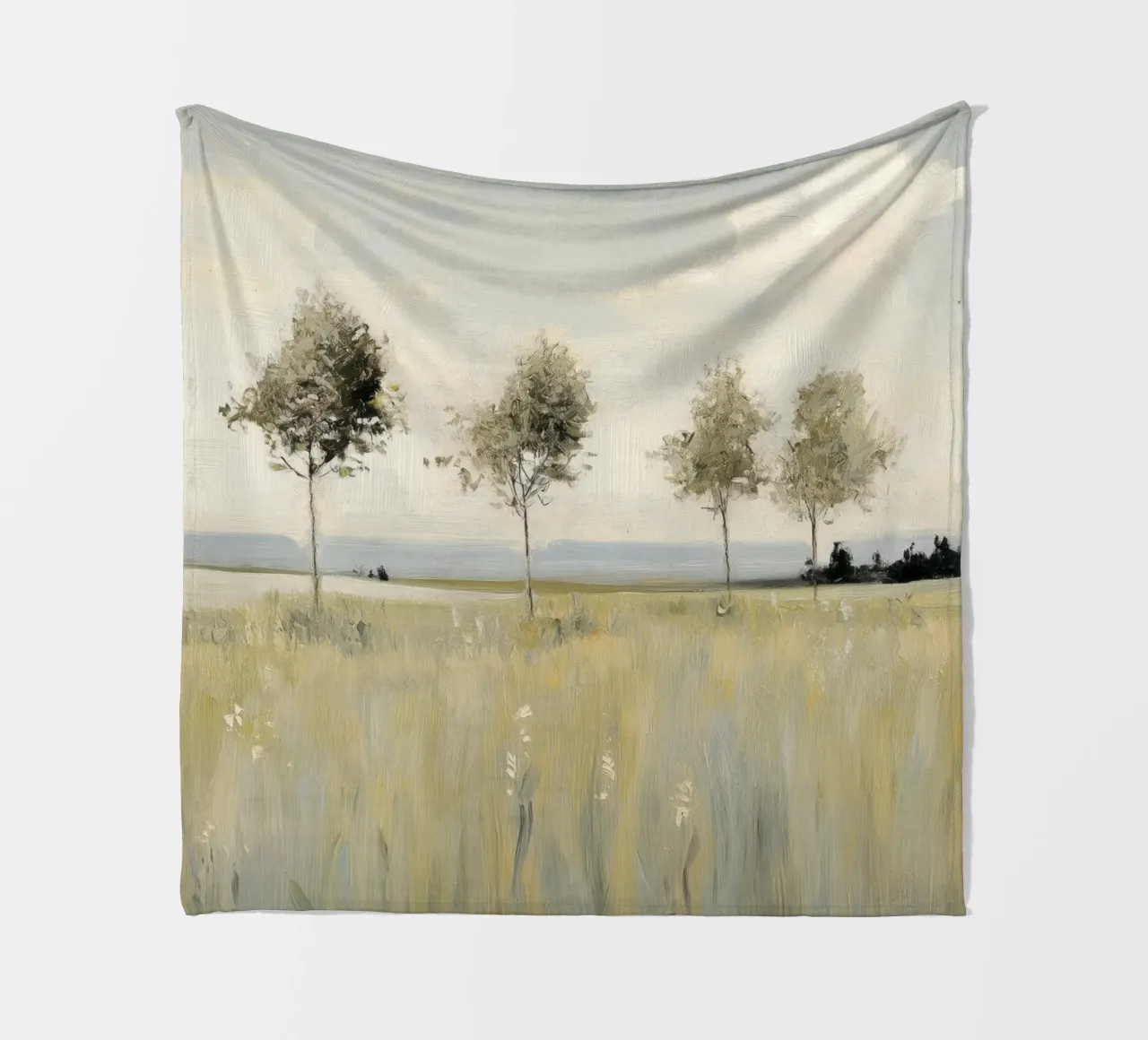 Alberi tranquilli in un campo illuminato dal sole coperta in pile da Melloi Art Print