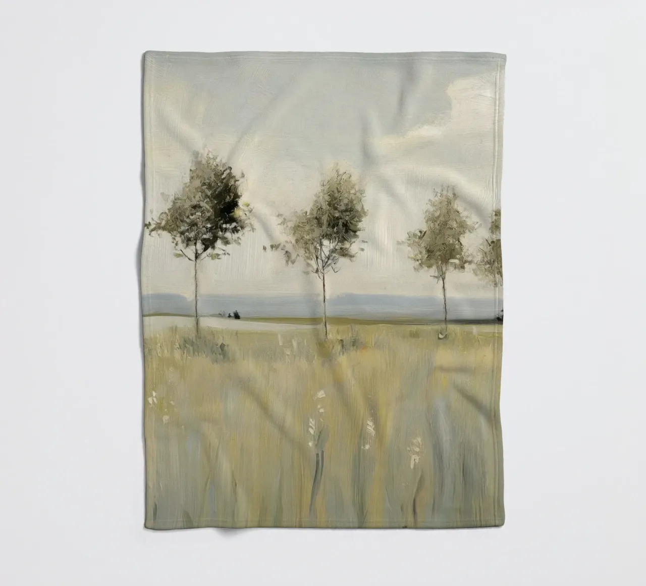 Alberi tranquilli in un campo illuminato dal sole coperta in pile da Melloi Art Print