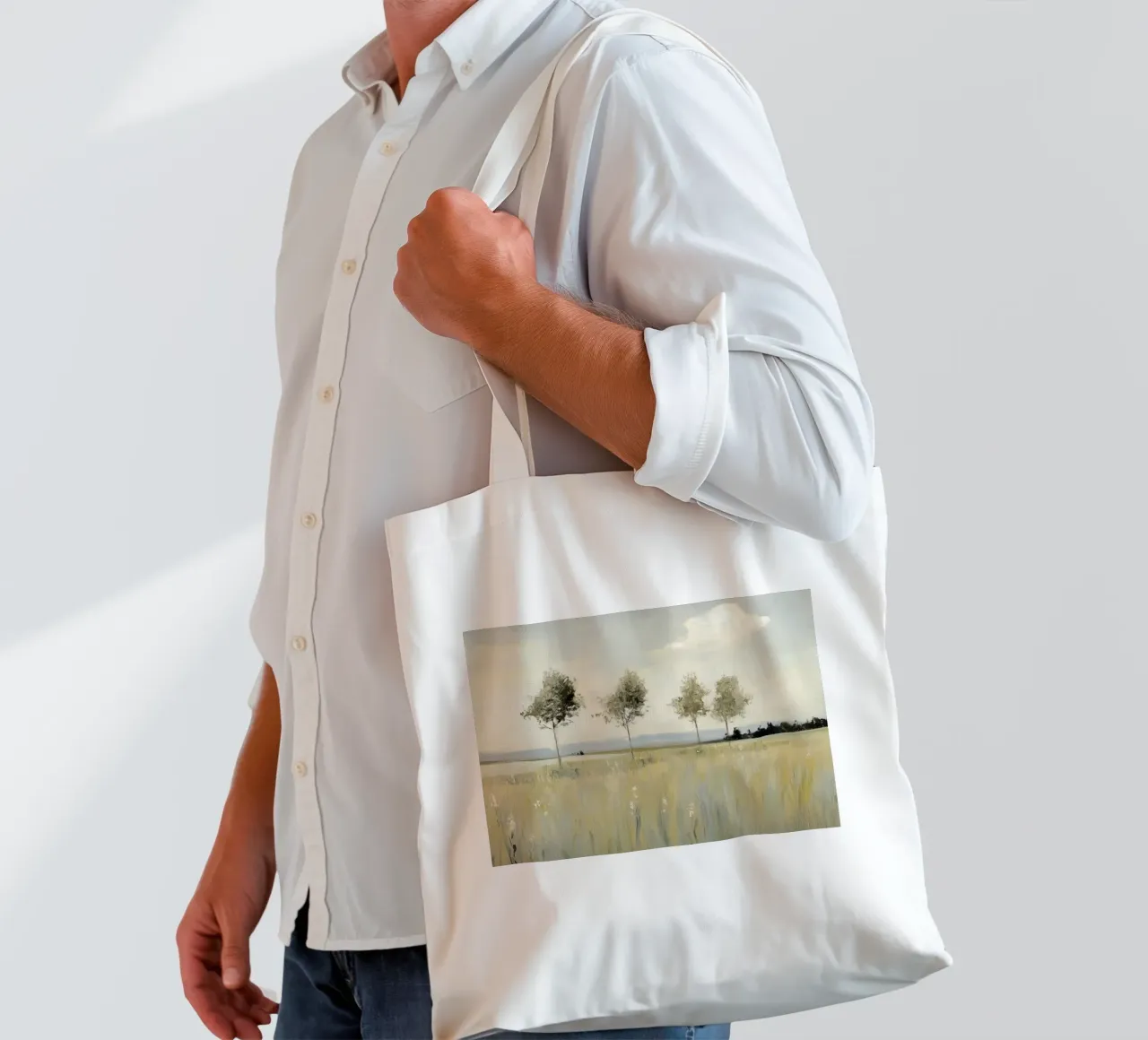 Alberi tranquilli in un campo illuminato dal sole borsa in juta da Melloi Art Print