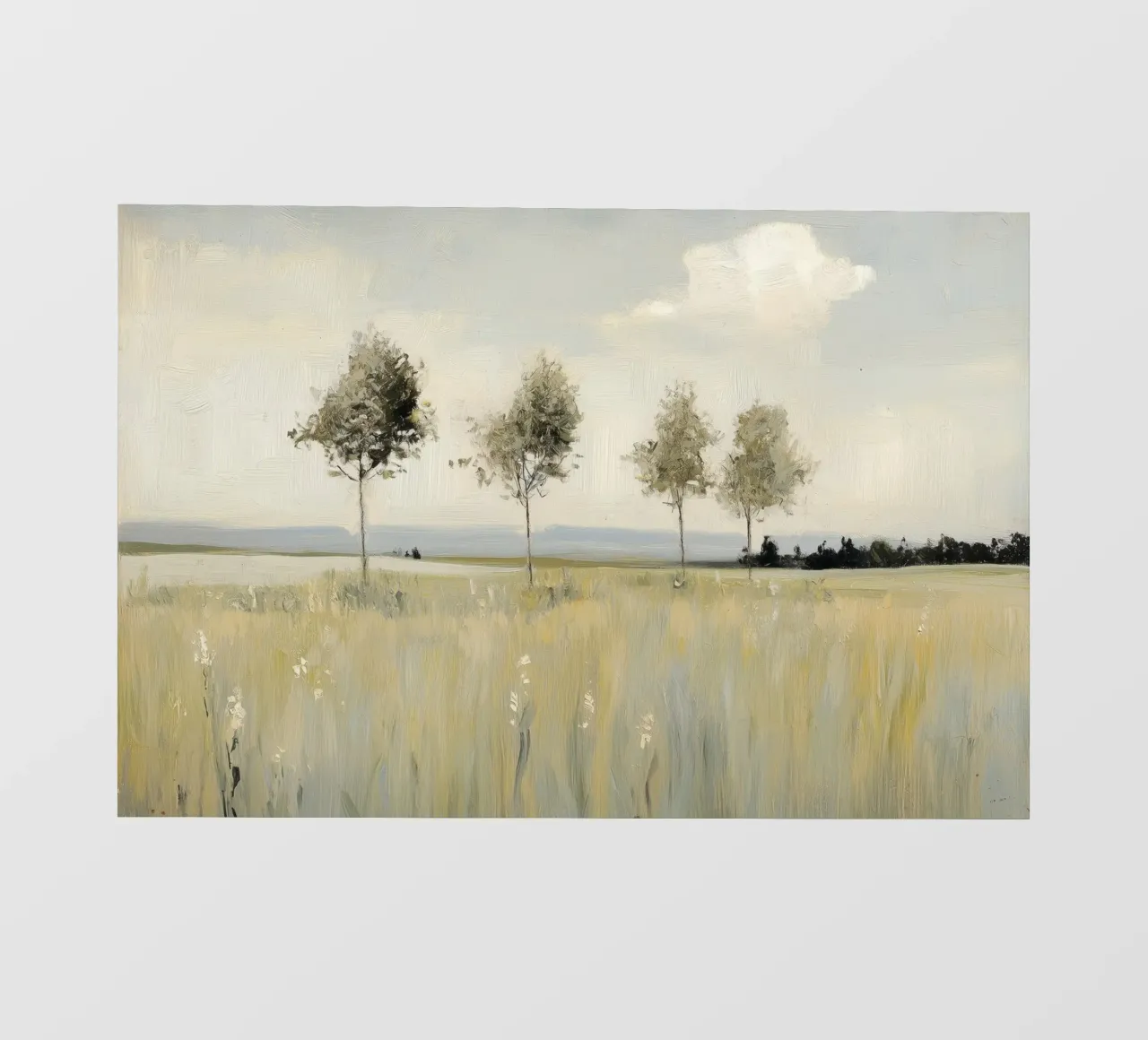 Alberi tranquilli in un campo illuminato dal sole pellicola backlit da Melloi Art Print