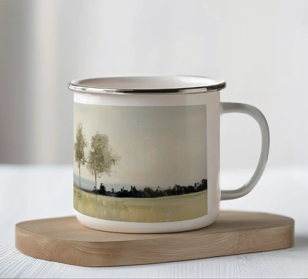 Alberi tranquilli in un campo illuminato dal sole tazza in smalto da Melloi Art Print