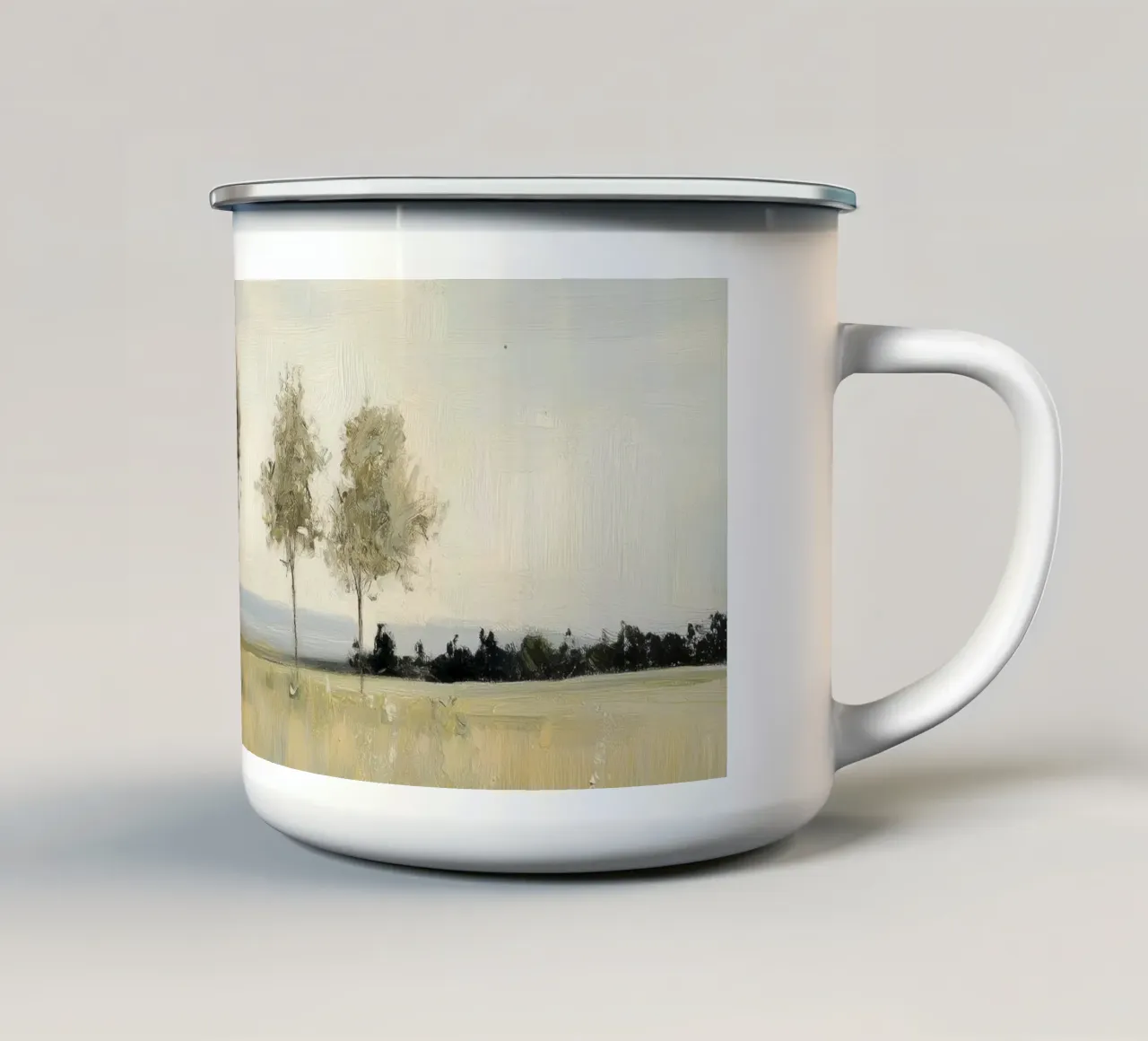 Alberi tranquilli in un campo illuminato dal sole tazza in smalto da Melloi Art Print
