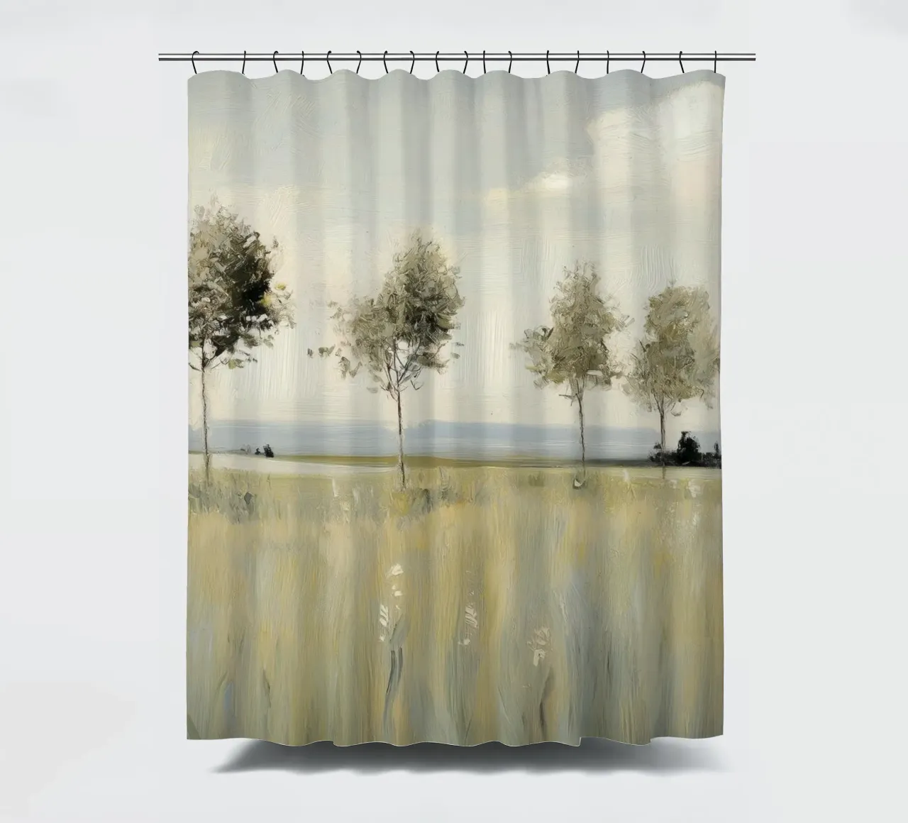 Alberi tranquilli in un campo illuminato dal sole tenda da doccia da Melloi Art Print