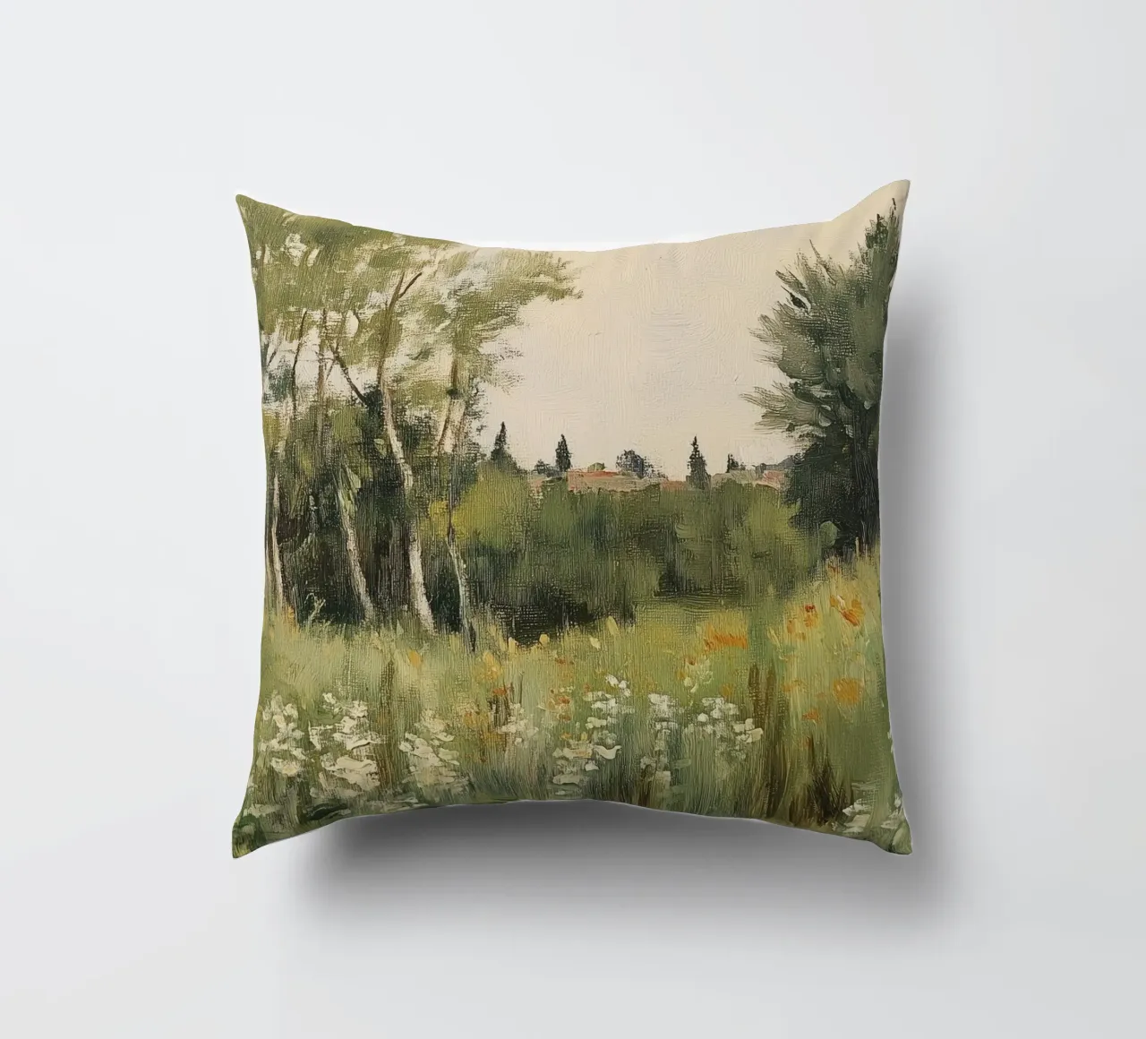 Tranquillo prato primaverile con fiori cuscino da Melloi Art Print