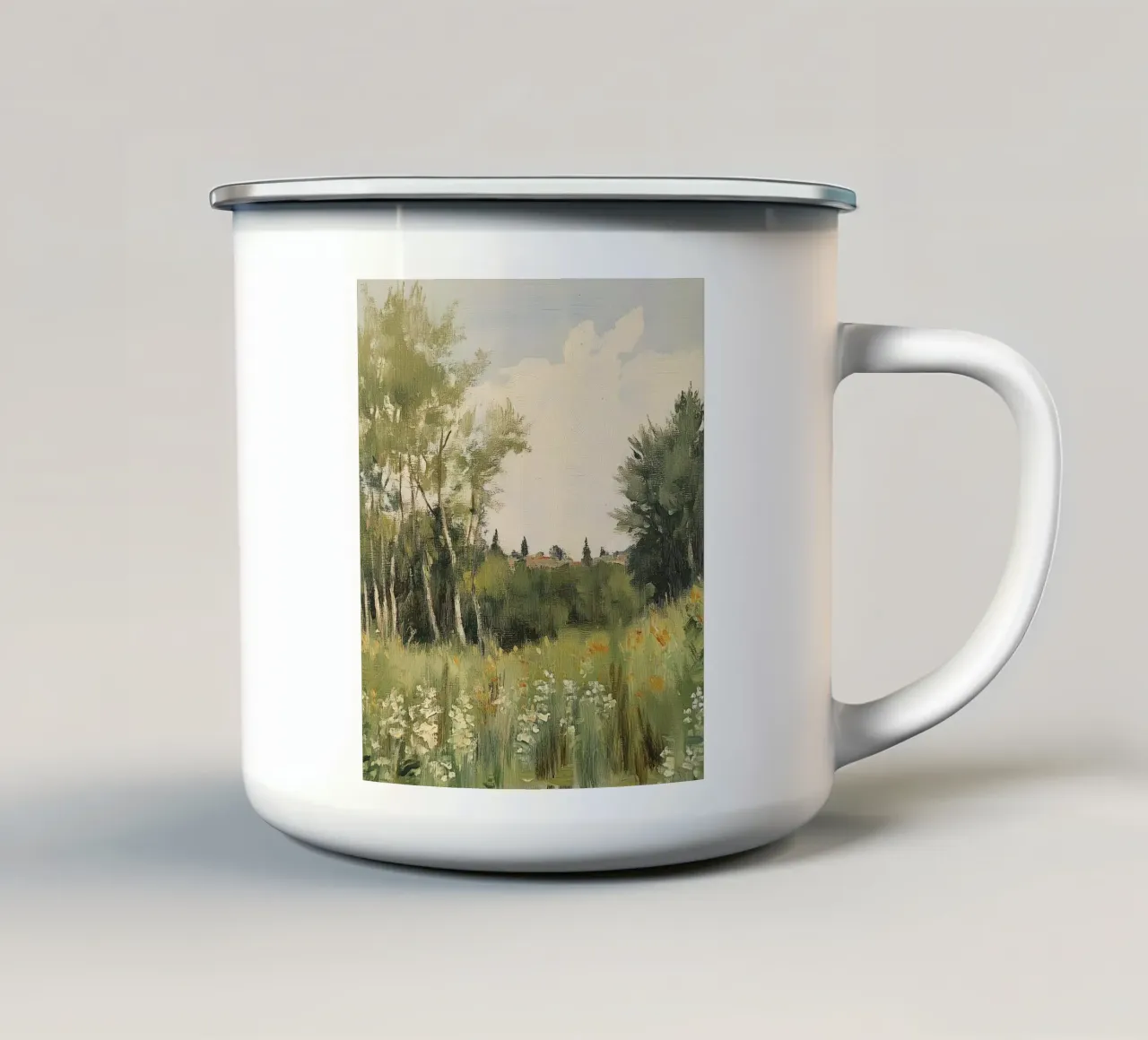 Tranquillo prato primaverile con fiori tazza in smalto da Melloi Art Print
