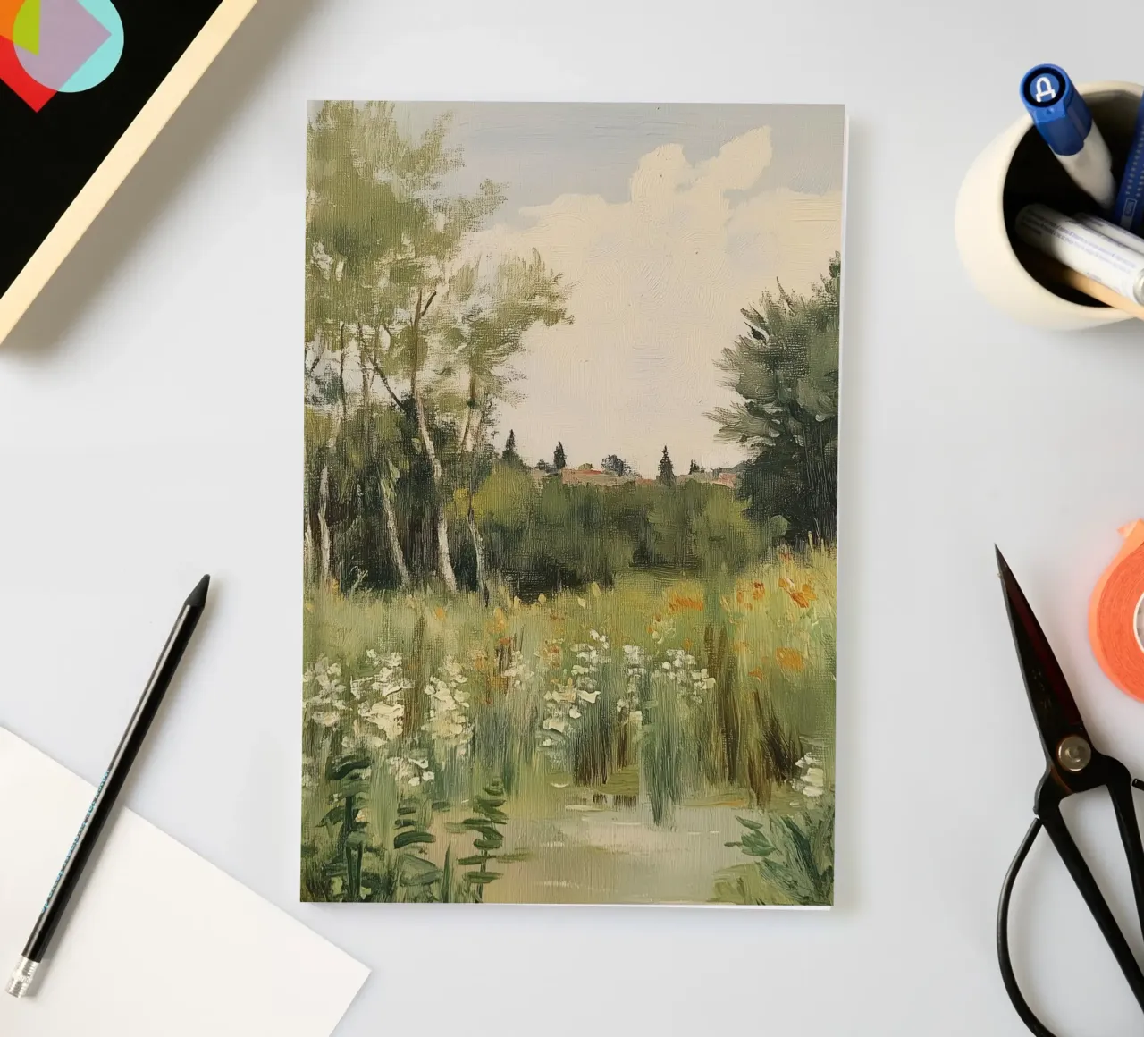 Tranquil Spring Meadow with Blossoms notebook by Melloi Art Print