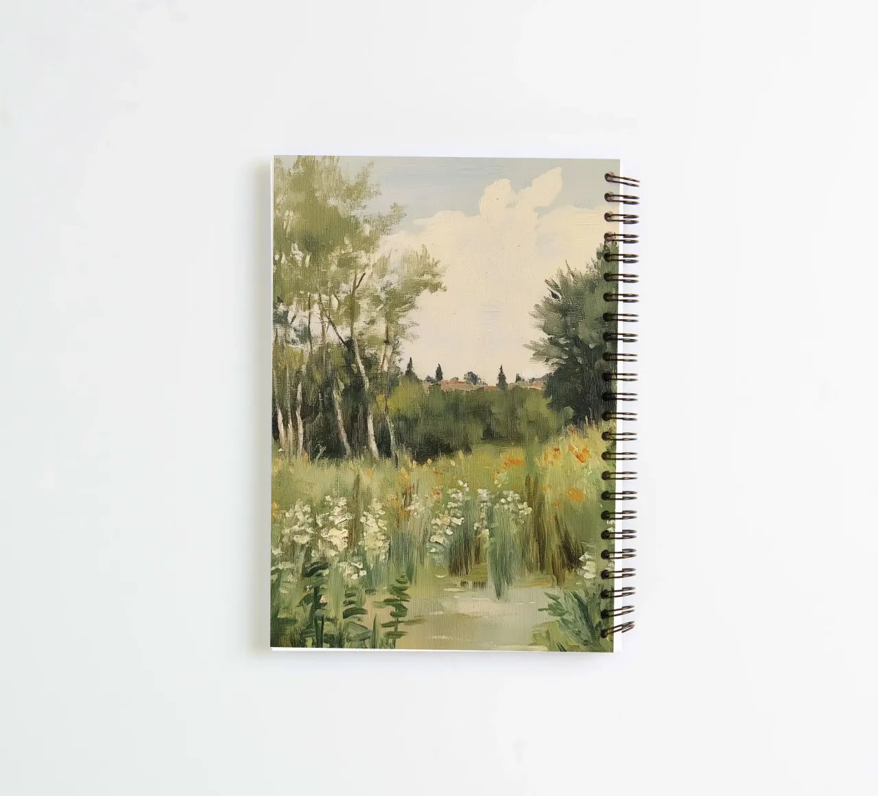 Tranquil Spring Meadow with Blossoms spiral notebook by Melloi Art Print