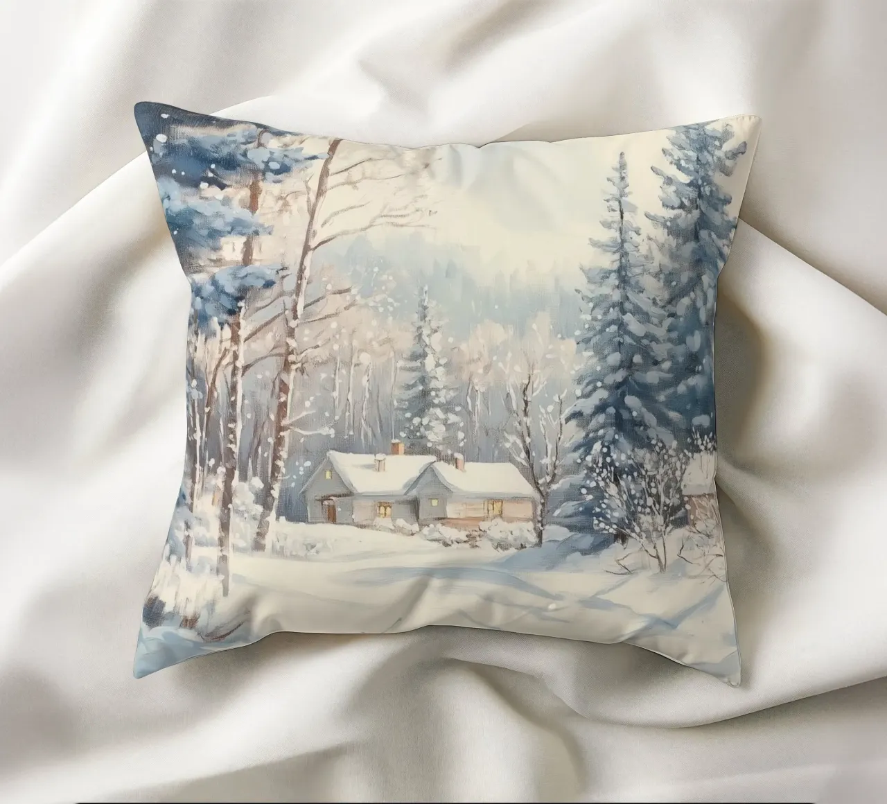 Cabine tranquille nella foresta cuscino da Melloi Art Print