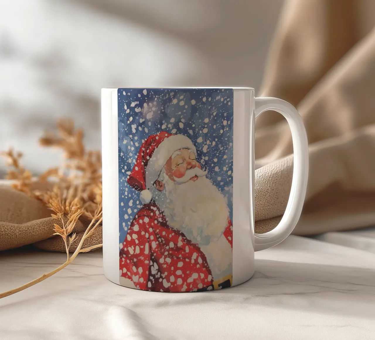 Klassischer Weihnachtsmann im Schneefall Keramik Tasse von Melloi Art Print