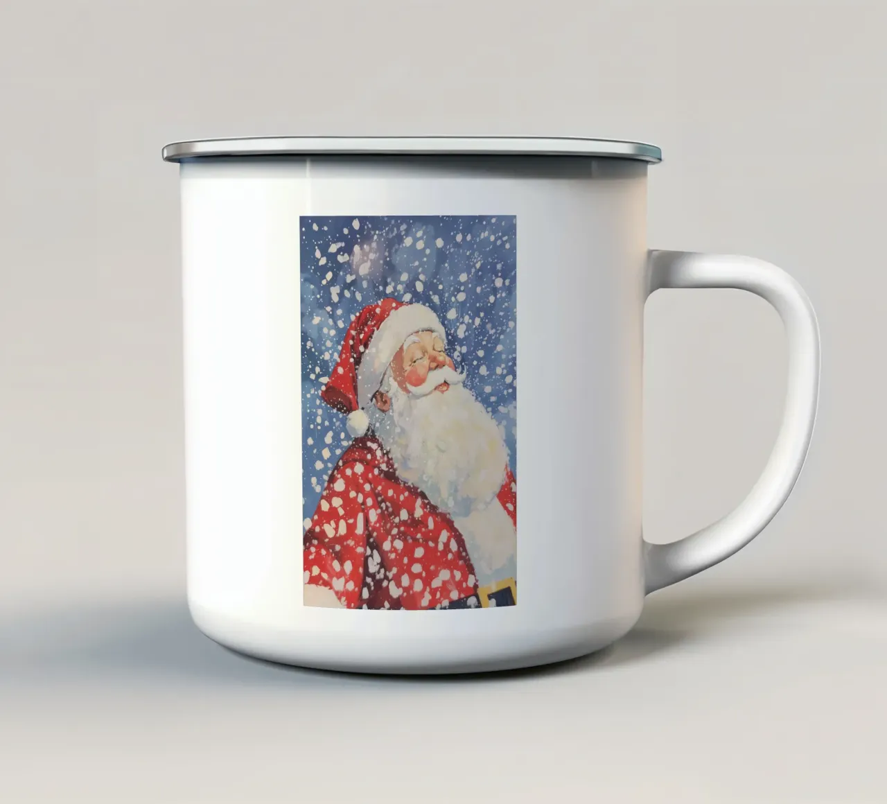 Klassischer Weihnachtsmann im Schneefall Emaille Tasse von Melloi Art Print