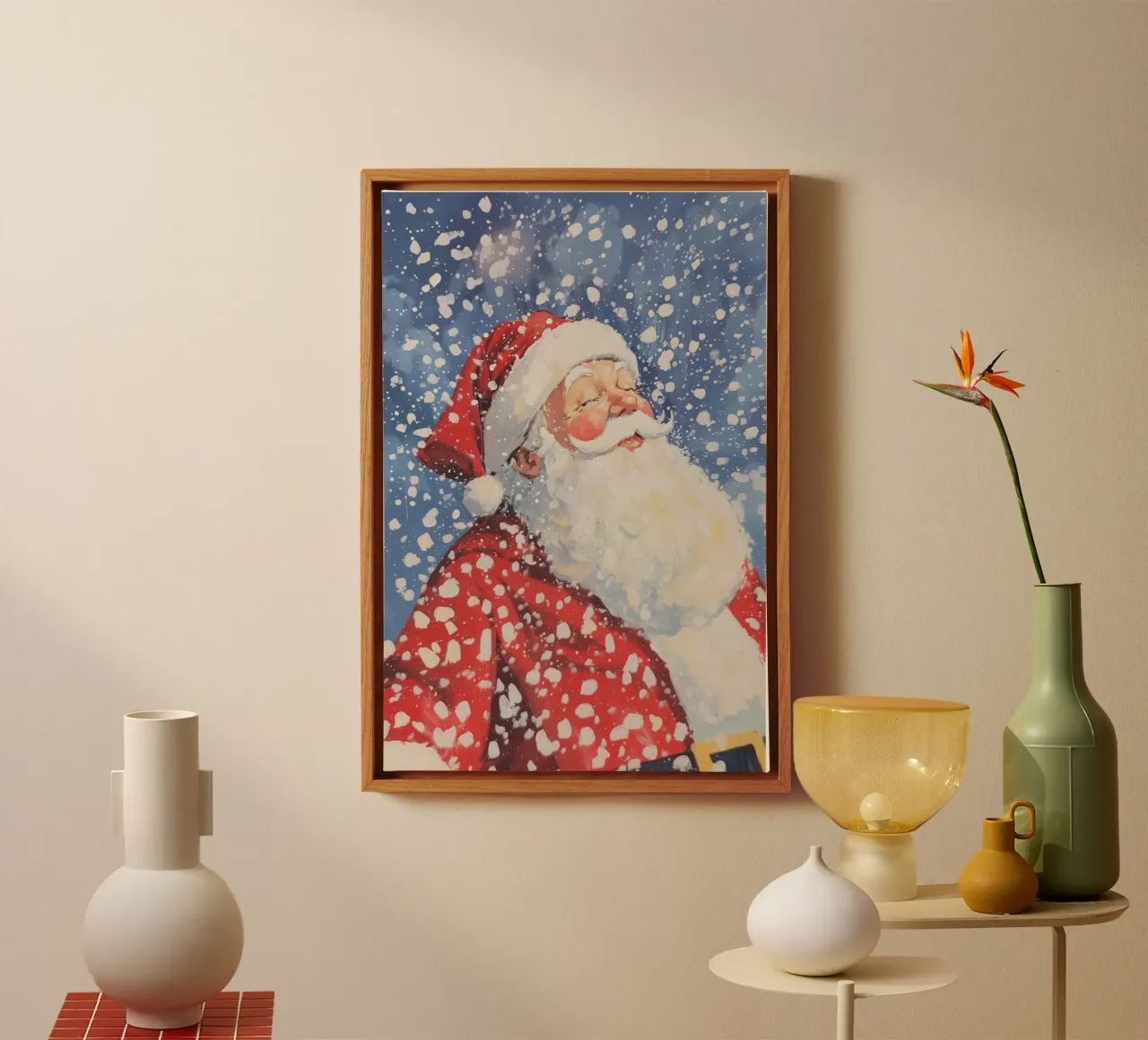 Klassieke kerstman in sneeuwval canvas met Baklijst van Melloi Art Print