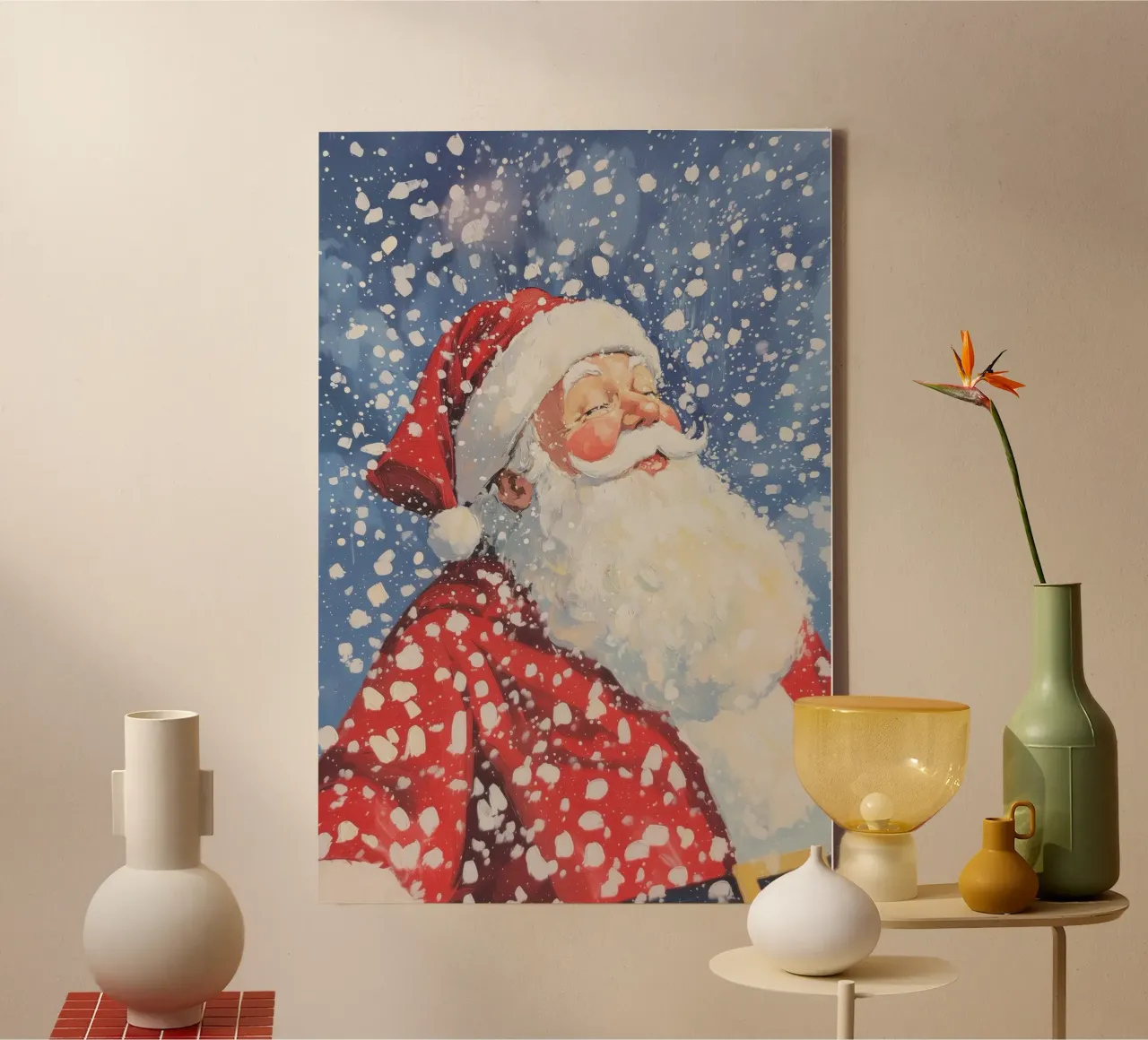 Klassieke kerstman in sneeuwval canvas met Baklijst van Melloi Art Print