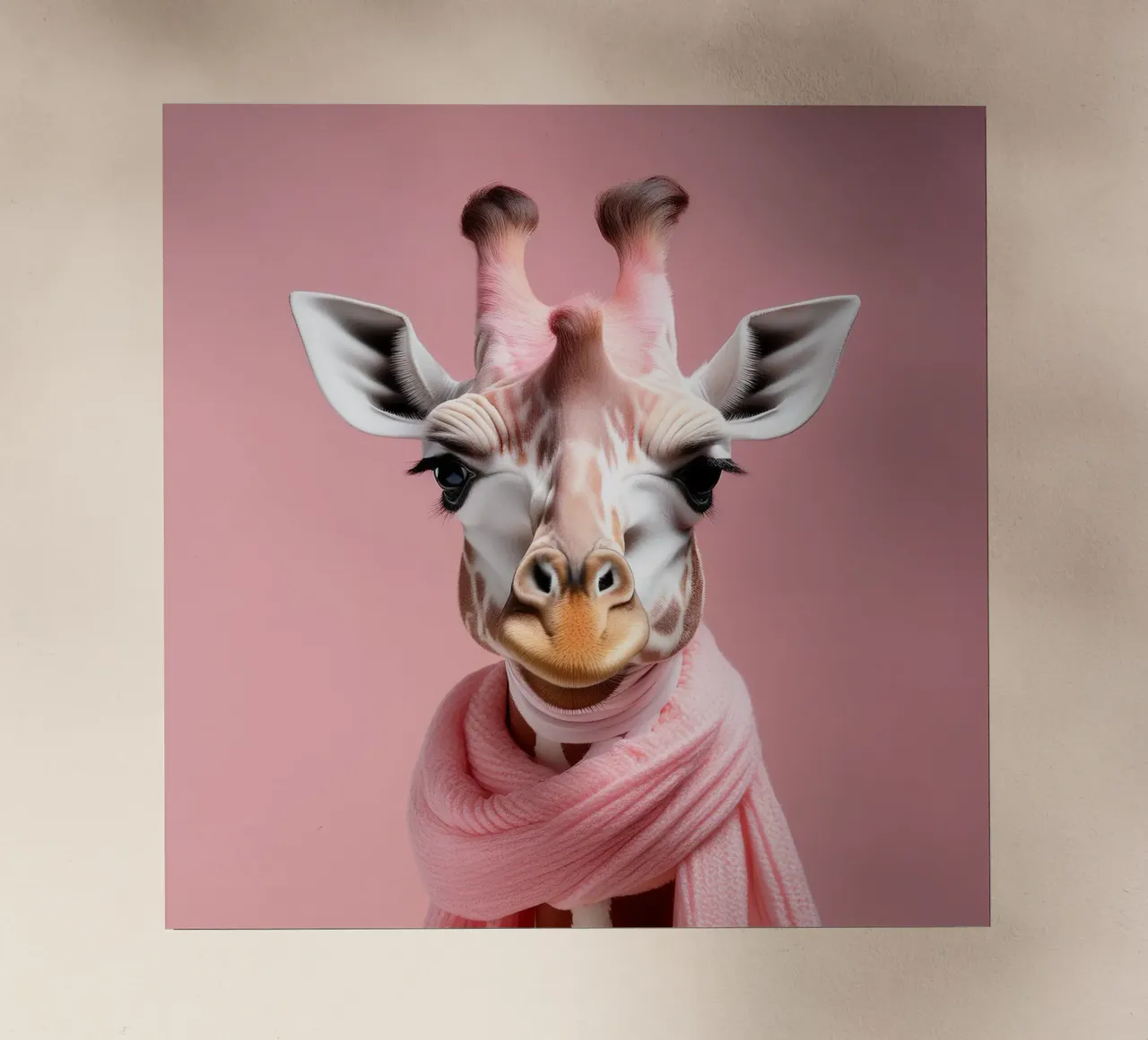 Stylish Pink-Clad Giraffe Portrait in Soft Pastel Background backlit film by FlexiDesignsByK