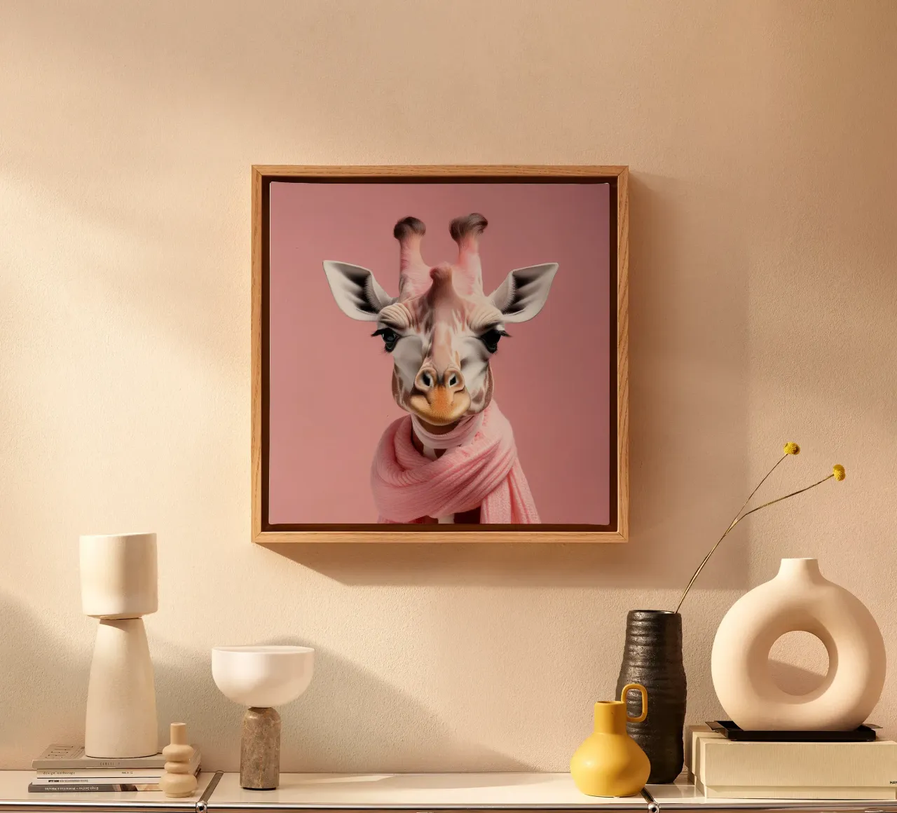 Stylish Pink-Clad Giraffe Portrait in Soft Pastel Background canvas with Floater frame by FlexiDesignsByK