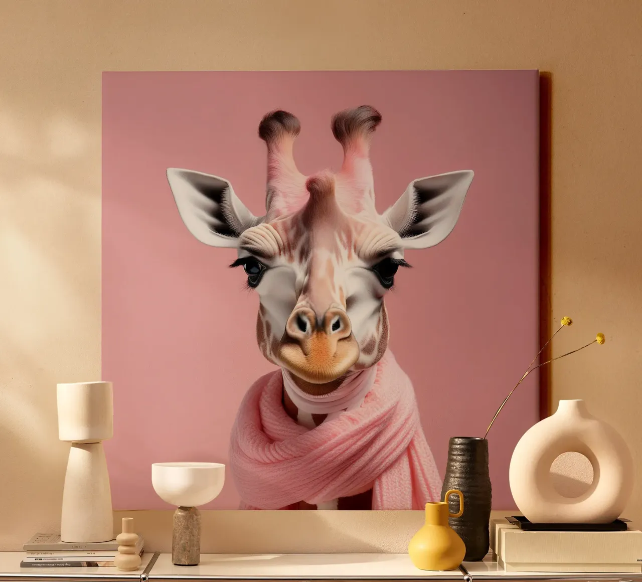 Stylish Pink-Clad Giraffe Portrait in Soft Pastel Background canvas with Floater frame by FlexiDesignsByK