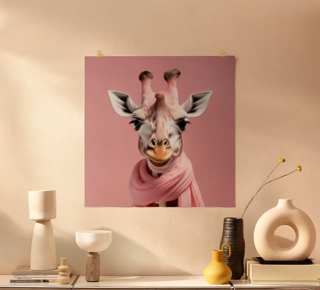 Elegante retrato de jirafa en tonos rosas con un suave fondo pastel poster de FlexiDesignsByK