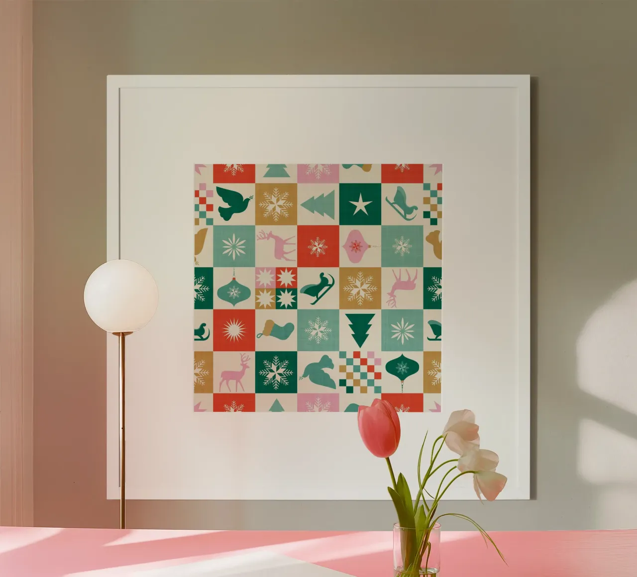 Icona retrò per le vacanze Modello a quadri - verde ocra rosso Rosa carta hahnemühle da Dominique Vari