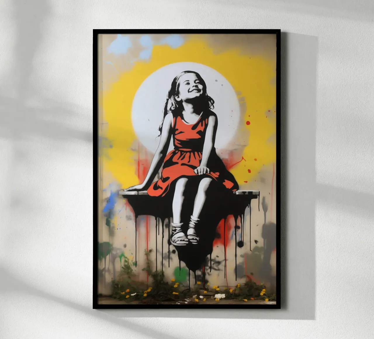 Infanzia felice | Graffiti di street art in stile Banksy poster con telaio in legno da Autofocus