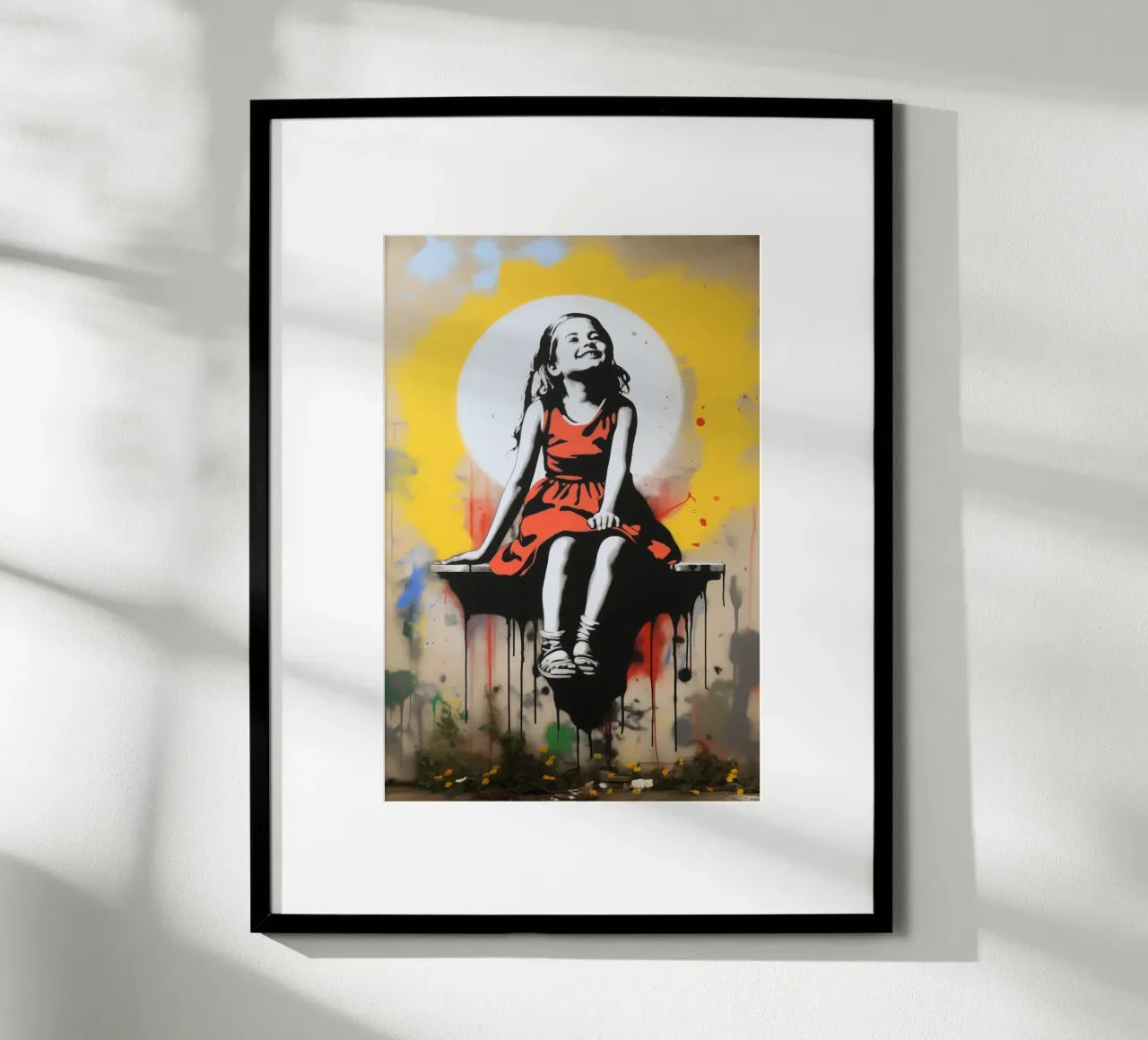 Infanzia felice | Graffiti di street art in stile Banksy poster con telaio in legno da Autofocus