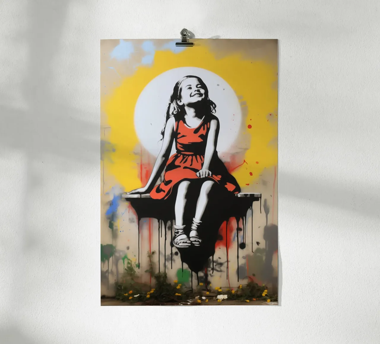 Infanzia felice | Graffiti di street art in stile Banksy poster con telaio in legno da Autofocus