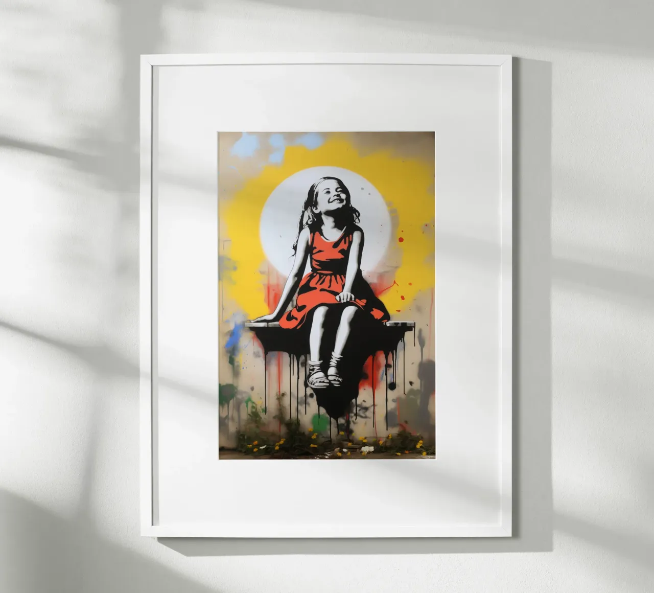 Infanzia felice | Graffiti di street art in stile Banksy poster con telaio in legno da Autofocus
