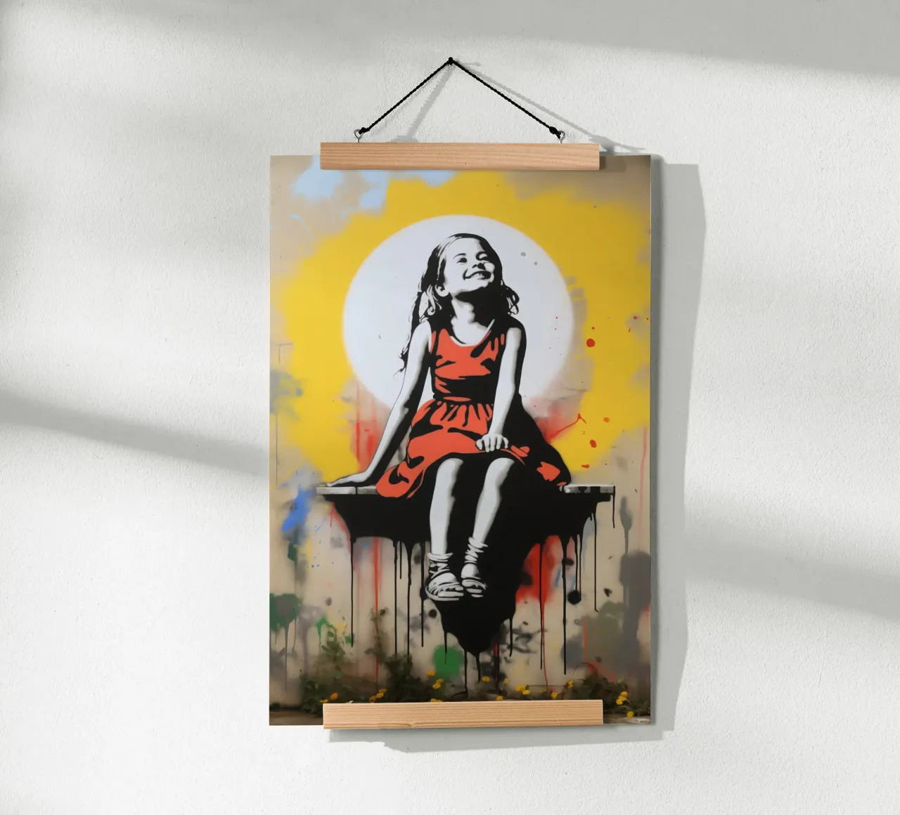 Infanzia felice | Graffiti di street art in stile Banksy poster con telaio in legno da Autofocus