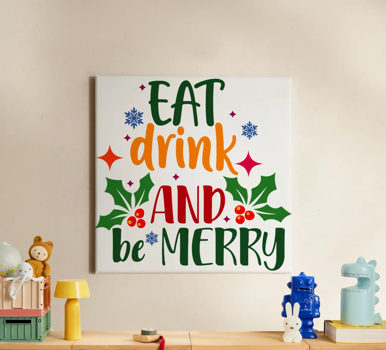 eet, drink en wees vrolijk canvas van onefeelshop