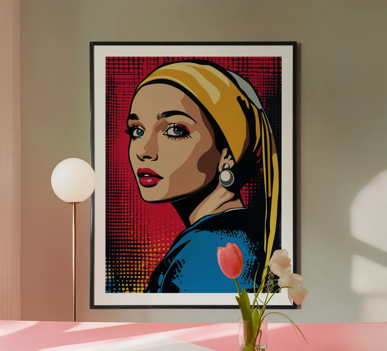 Ragazza con l'orecchino di perla | Pop Art in stile fumetto poster con telaio in legno da Autofocus