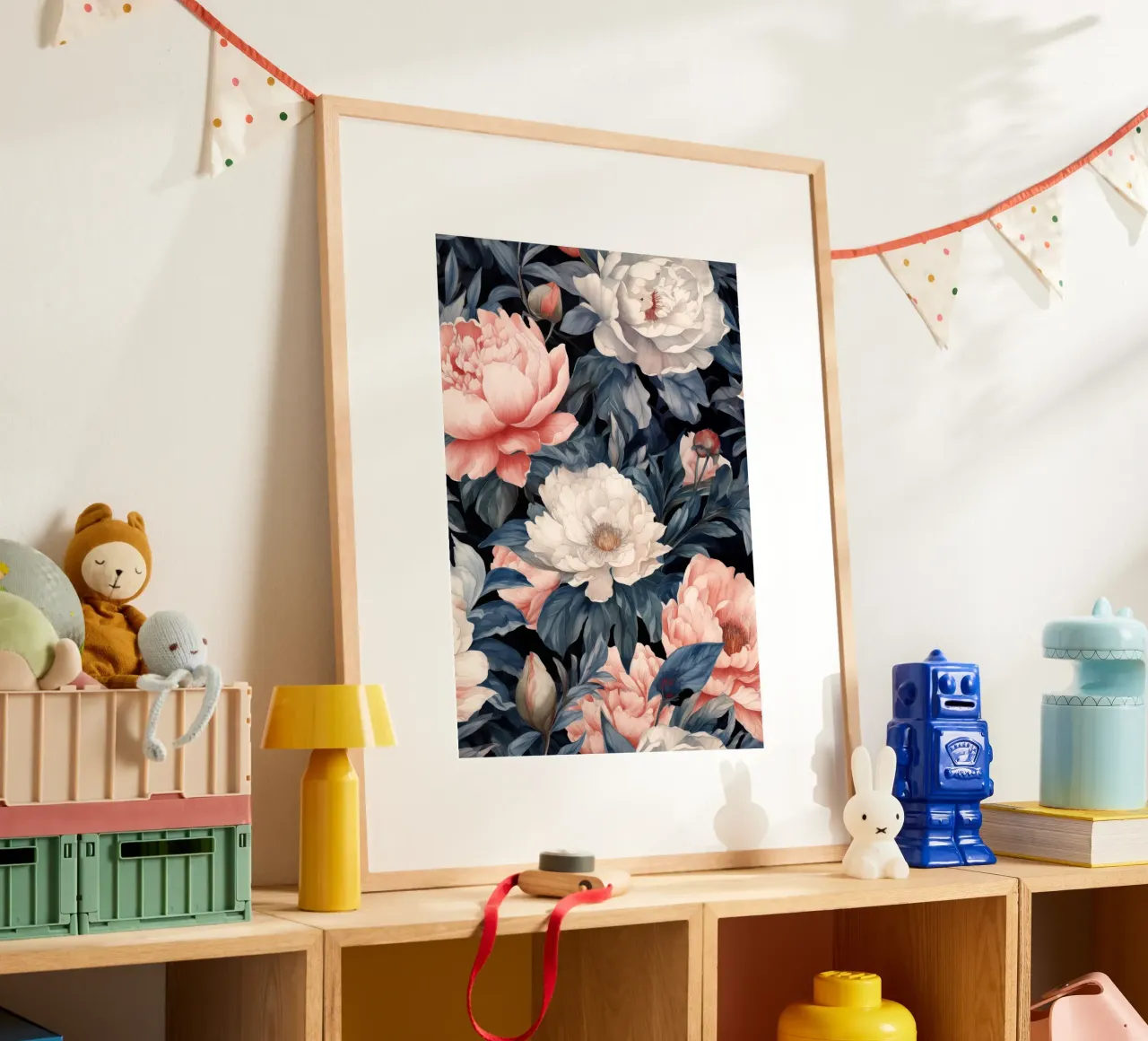 Giardino segreto con peonie poster con telaio in legno da Justyna Jaszke JBJart
