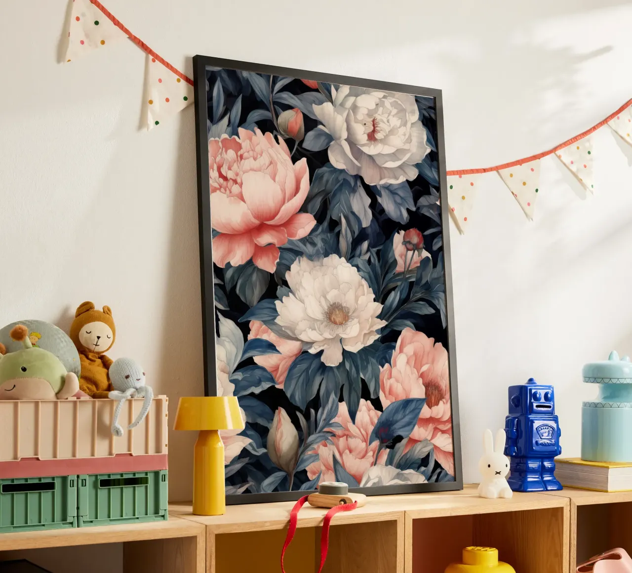Giardino segreto con peonie poster con telaio in legno da Justyna Jaszke JBJart