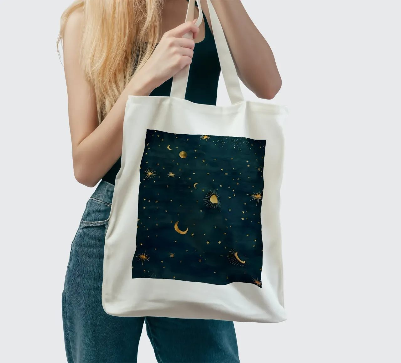 Soleil, lune et étoiles d'or - La lumière de l'univers rayonne tote bag de Gentle Echoes Art