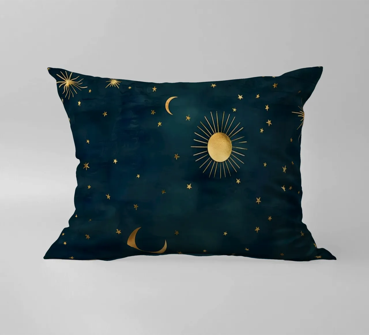 Golden Sun, Moon, and Stars- Radiating the Universes Light decorative cushion by Gentle Echoes Art