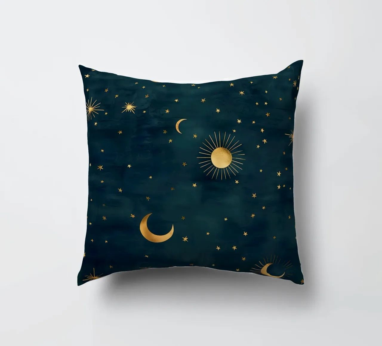 Golden Sun, Moon, and Stars- Radiating the Universes Light decorative cushion by Gentle Echoes Art