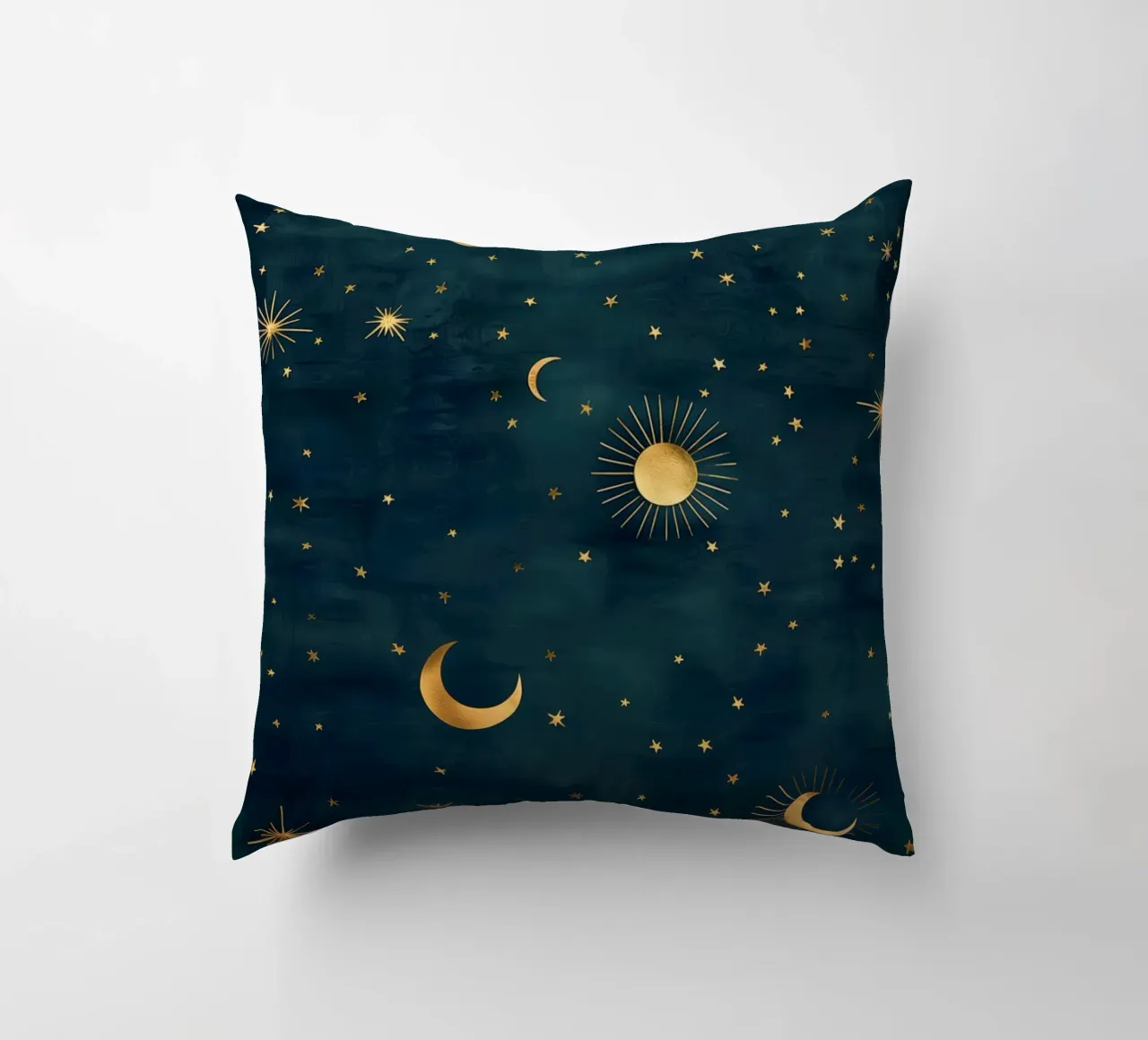 Golden Sun, Moon, and Stars- Radiating the Universes Light decorative cushion by Gentle Echoes Art