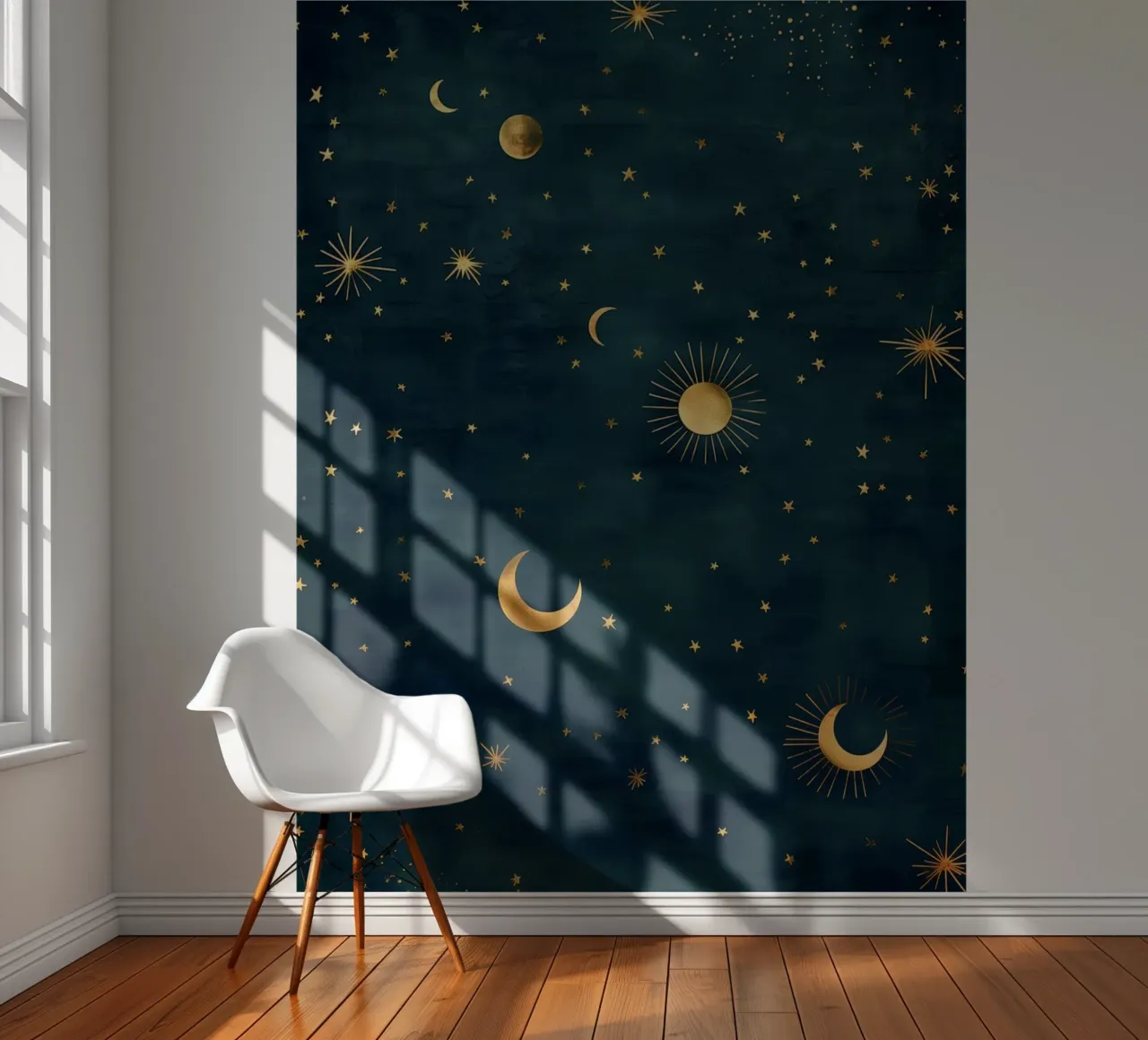 Soleil, lune et étoiles d'or - La lumière de l'univers rayonne papier peint photo de Gentle Echoes Art
