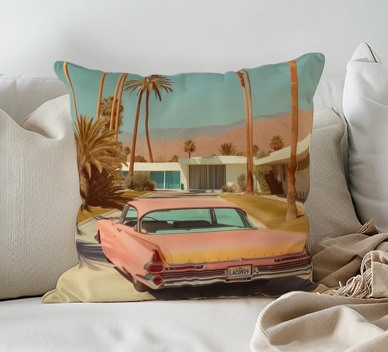 Palm Springs Cadillac Drive decorative cushion by Carinaprint