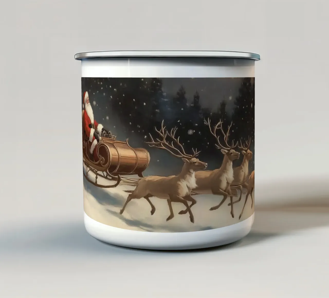 Giro con la slitta di Babbo Natale in un paese delle meraviglie invernale tazza in smalto da Melloi Art Print