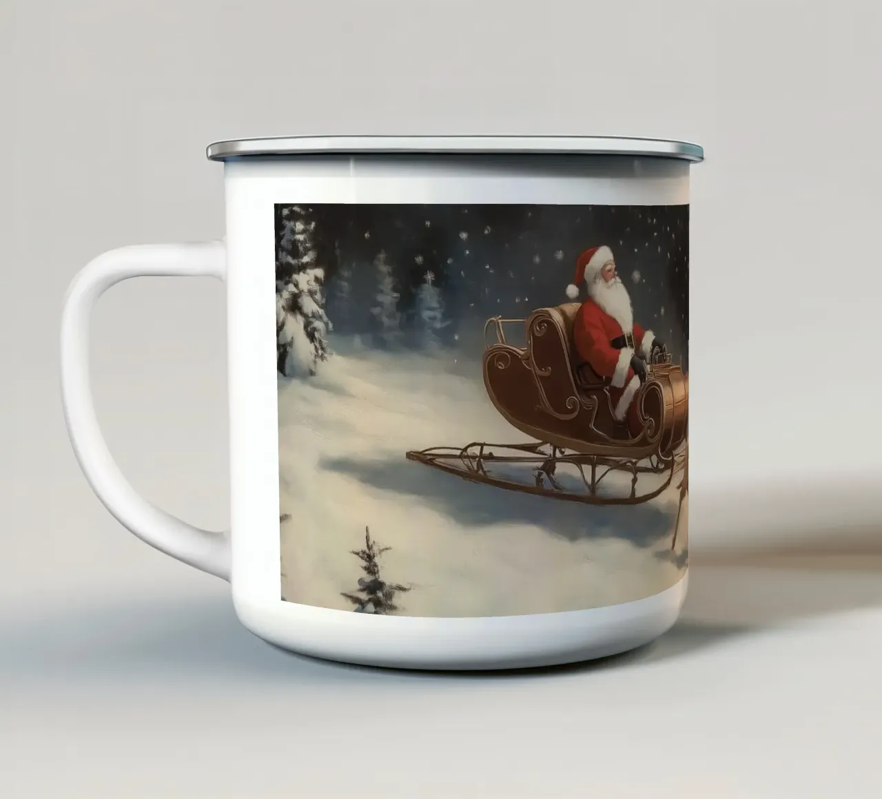 Giro con la slitta di Babbo Natale in un paese delle meraviglie invernale tazza in smalto da Melloi Art Print