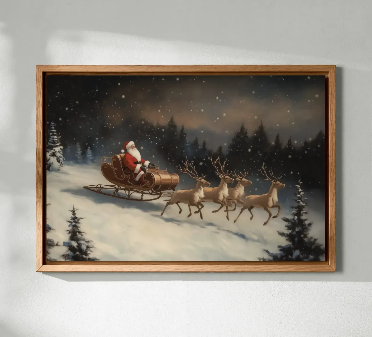 Giro con la slitta di Babbo Natale in un paese delle meraviglie invernale tela con Cornice a cassetta da Melloi Art Print